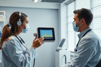 Egy orvos és kliens beszél az antioxidáns szint méréséről egy laboratóriumban.