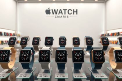 Különböző Apple Watch modellek kiállítva árakkal