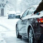 Autó jégtelenítése téli időjárásban, hólapát használatával.