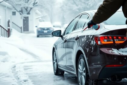 Autó jégtelenítése téli időjárásban, hólapát használatával.