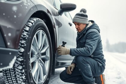 Férfi téli gumi nyomásellenőrzést végez autóján hóesésben.