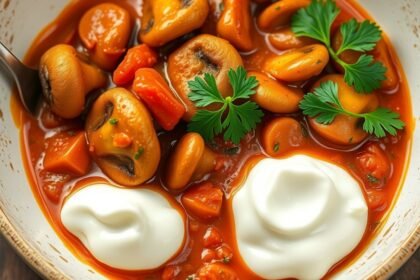 Gombapaprikás friss zöldségekkel és tejföllel tálalva