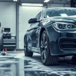 Egy fekete autó a szervizben, téliesítő anyagokkal a háttérben.