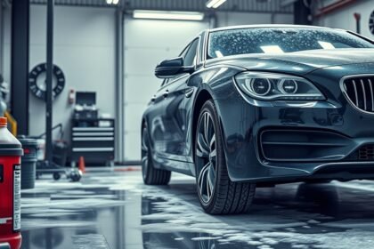 Egy fekete autó a szervizben, téliesítő anyagokkal a háttérben.