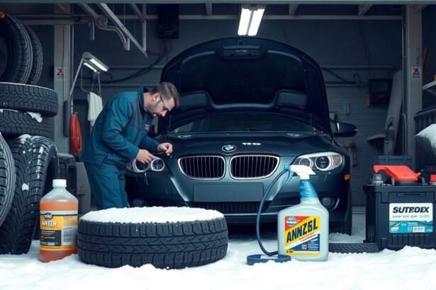 Autószerelő felkészíti a járművet télre, gumicserével és ellenőrzéssel.