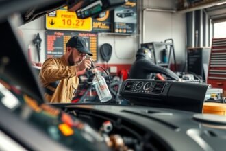 Autóklíma töltése szervizben, szakember munkája