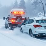 Autómentés hóban, fehér SUV és mentőautó a havon.