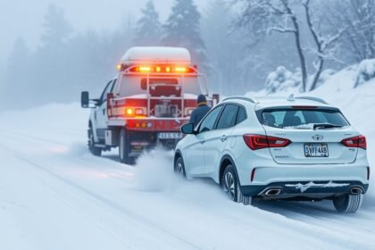 Autómentés hóban, fehér SUV és mentőautó a havon.