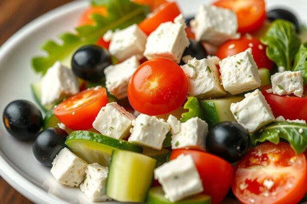 Friss görög saláta feta sajttal, olajbogyóval és zöldségekkel
