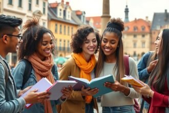 Erasmus program résztvevő diákok közösen tanulnak egy városban