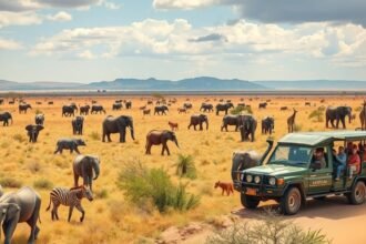 Afrikai szafari elefántokkal és zebrákkal a széles préri közepén.