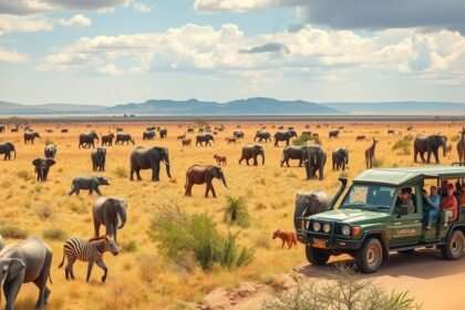 Afrikai szafari elefántokkal és zebrákkal a széles préri közepén.
