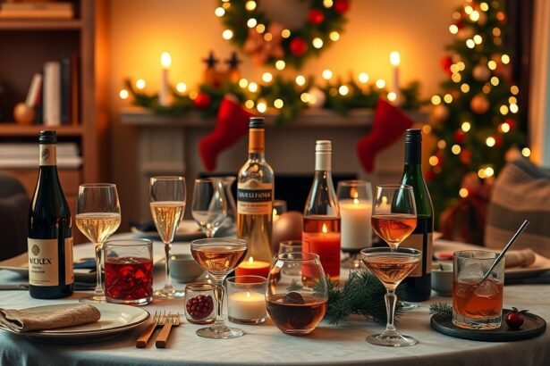 Ünnepi alkoholos italok az asztalon karácsonyi díszítéssel.