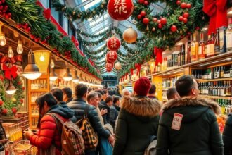 Ünnepi alkoholvásárlás boltban, díszekkel és vásárlókkal