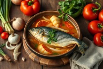 Friss halászlé alapanyagok és ízletes hal a tányéron