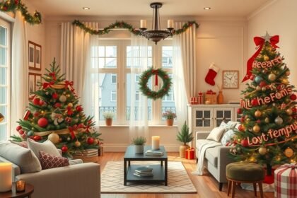 Karácsonyi dekorációs ötletek otthon egy gyönyörű nappaliban.