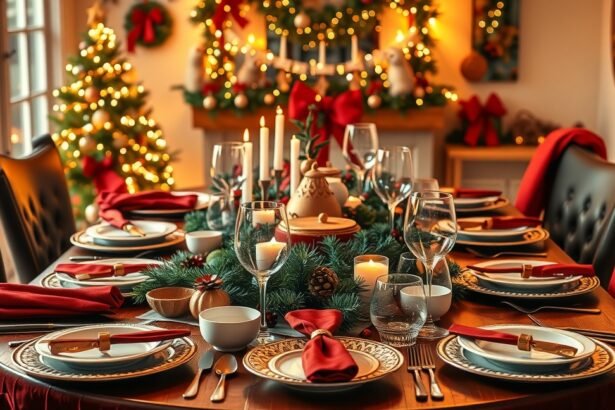 Gyönyörűen terített karácsonyi vacsoraasztal fényekkel díszítve.