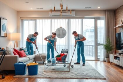 Professzionális takarítók ünnepi nagytakarítást végeznek egy modern lakásban.