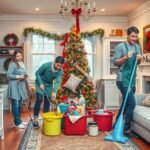 Család ünnepi nagytakarítás közben karácsonyi díszítés mellett.