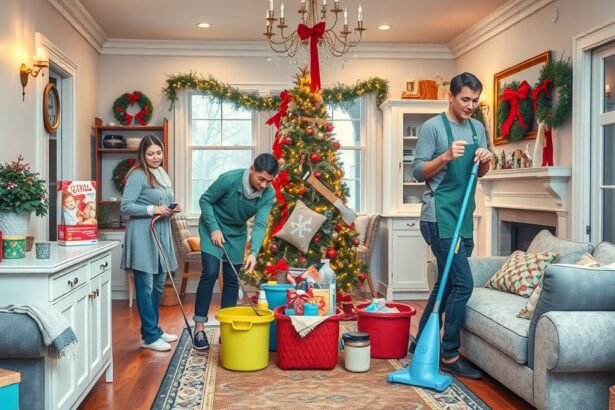 Család ünnepi nagytakarítás közben karácsonyi díszítés mellett.