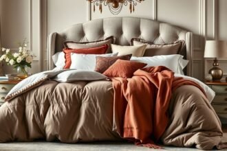 Stílusos ágynemű garnitúra a modern hálószobában, bézs és piros színekben.