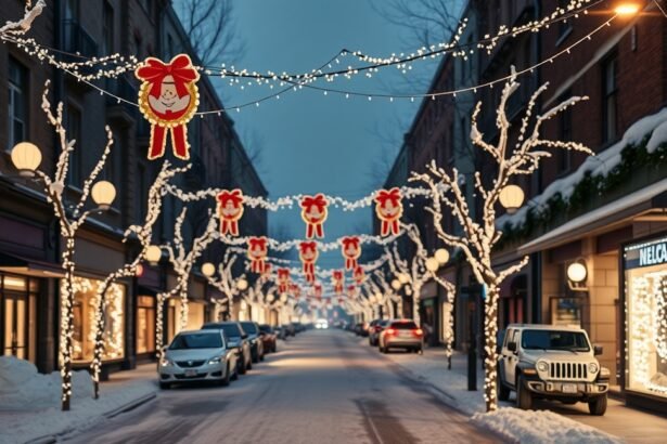 Ünnepi világítás egy hóval borított utcában karácsonyi dekorációval