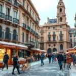 Barcelonai utcai vásár télen, emberekkel és üzletekkel