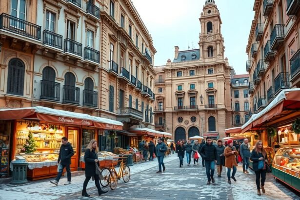 Barcelonai utcai vásár télen, emberekkel és üzletekkel