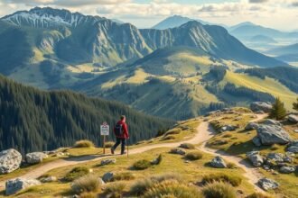 Túrázó a festői Országos Kéktúra útvonalán a hegyekben