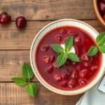 Frissítő hideg meggyleves friss gyümölcsökkel és mentával díszítve.