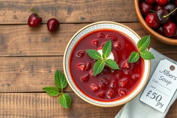 Frissítő hideg meggyleves friss gyümölcsökkel és mentával díszítve.