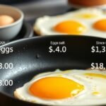 Két tükörtojás serpenyőben, tojások és árak feltüntetve