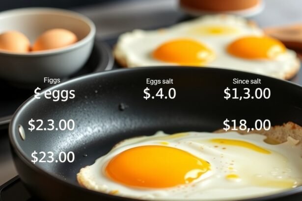 Két tükörtojás serpenyőben, tojások és árak feltüntetve
