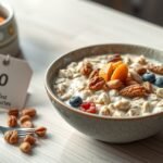 Reggelizéshez készített zabkása gyümölcsökkel és magvakkal.