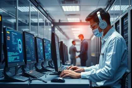 Adatmentési szolgáltatás szakember dolgozik számítógép előtt adatközpontban.