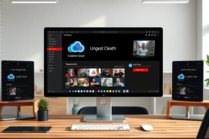 Adobe Creative Cloud alkalmazás felületek számítógépen és táblagépen.