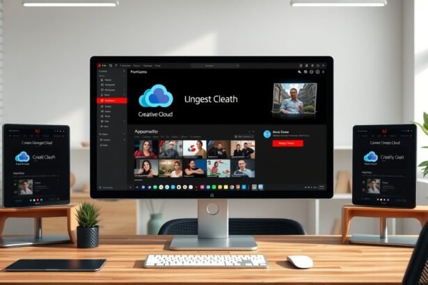 Adobe Creative Cloud alkalmazás felületek számítógépen és táblagépen.