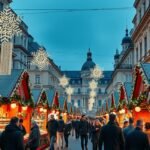 Bécsi adventi vásár látképe karácsonyi díszekkel.