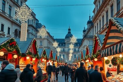 Bécsi adventi vásár látképe karácsonyi díszekkel.