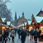 Adventi vásár karácsonyi hangulattal, hóesés közepette.