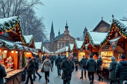 Adventi vásár karácsonyi hangulattal, hóesés közepette.