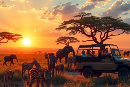 Afrikai szafari naplementében, elefántok és zebrák körül.