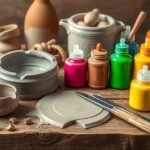Agyag- és mázkészlet egy asztalon színes festékekkel