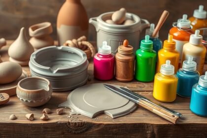 Agyag- és mázkészlet egy asztalon színes festékekkel