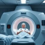 Agyi MR-vizsgálat folyamata, orvos a gép előtt.