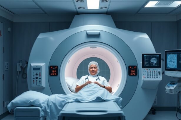 Agyi MR-vizsgálat folyamata, orvos a gép előtt.