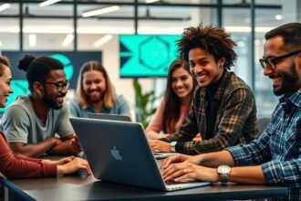 Csoport fiatal szakemberek közösen dolgozik AI képgeneráló programon.