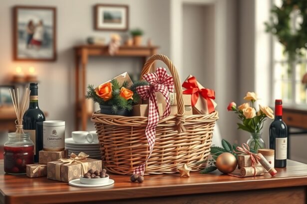 Gyönyörűen díszített ajándékcsomagok egy kosárban az otthoni dekoráció részeként.