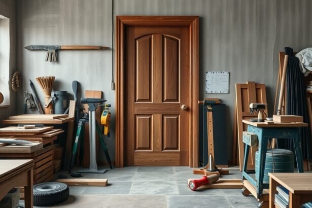 Fából készült ajtó egy műhelyben, szerszámokkal és berendezéssekkel körülvéve.
