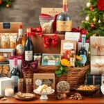 Díszes ajándékkosár ünnepi finomságokkal és italokkal
